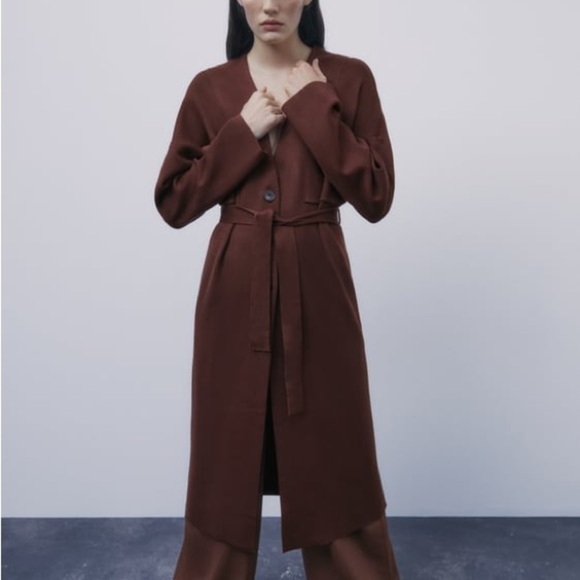 Zara Brown Knit Trench Coat with Belt - Picture 2 of 16